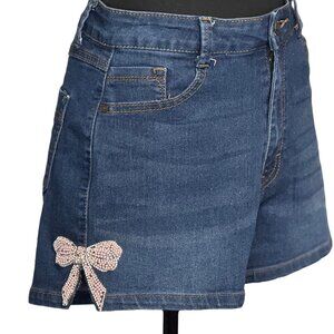 Stretchy Denim Shorts accented with Pink Beaded Side Bow Slit